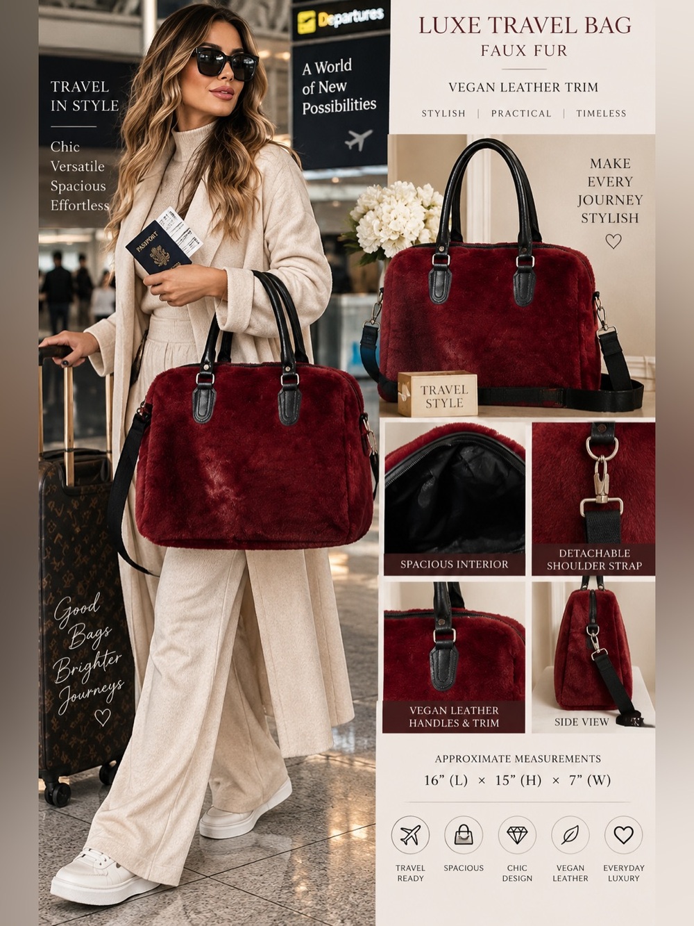 Vegan Leather Trim Plush Travel Bag - Burgundy
